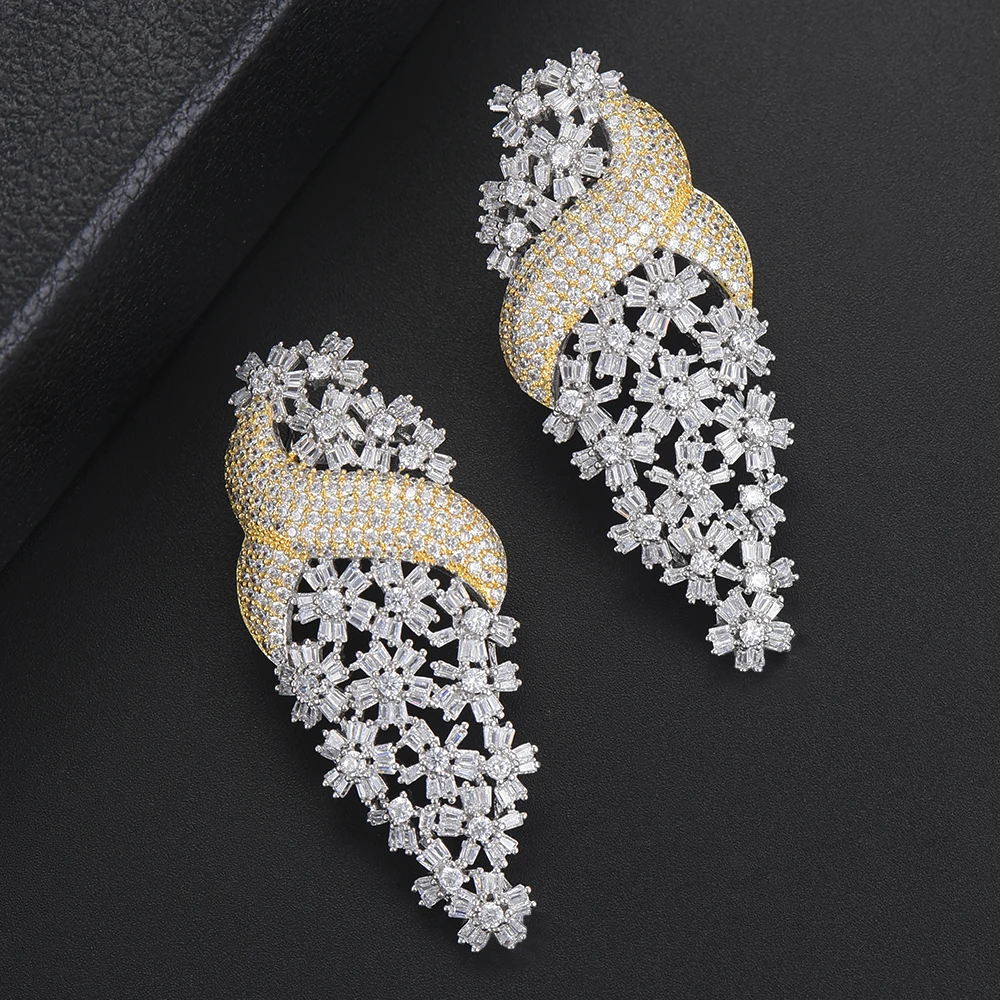 

Deluxe Women Pierced Flower Shape Dangle Hollow Earrings Cubic Zirconia earrings fashion jewelry For Bridal aretes de mujer
