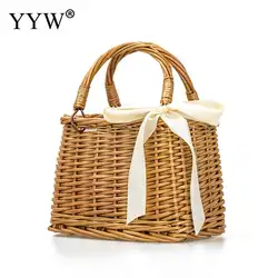 YYW 2018 Соломенная пляжная сумки Для женщин летний белый лук Сумочка из ротанга квадратный сумка ручной работы Бали тканые Креста тела сумка