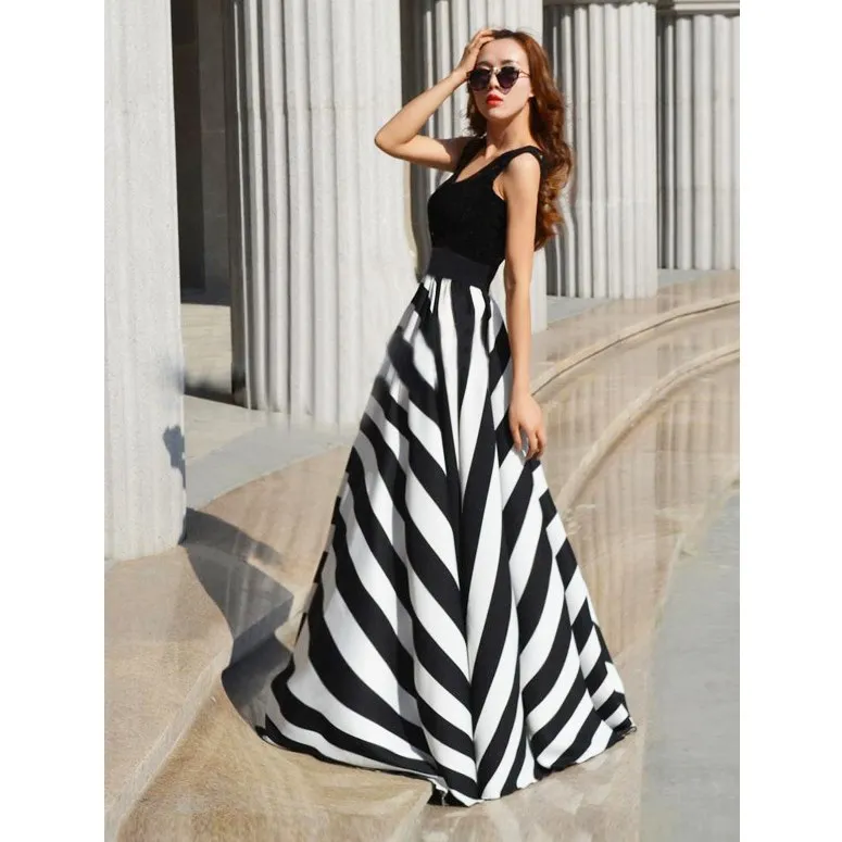

Women Striped Dress Women Casual Maxi Spring Dress Black Round Neck Long Sleeve A Line Party Dress