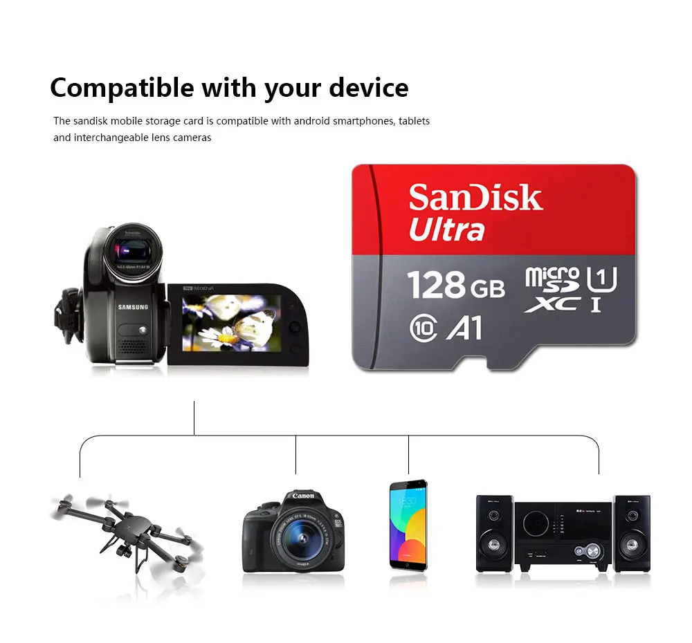 Карта памяти SanDisk Micro SD, класс 10, SDHC-SDXC, 16 ГБ, 32 ГБ, 64 ГБ, 128 ГБ, Micro SD, Макс., до 98 м/с, TF карта