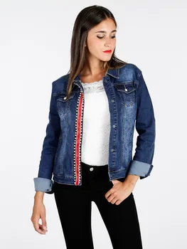 

Spring Pearl jean jacket cotrast color tape turn-down collar jacket