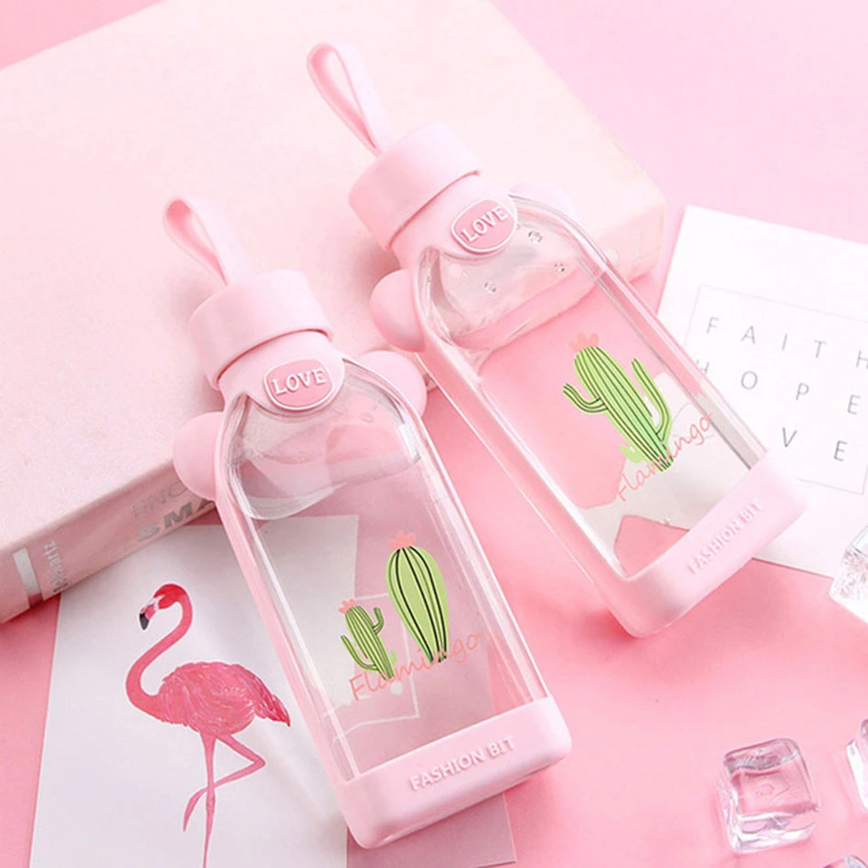 Kawaii Милая стеклянная бутылка для воды переносная веревка дорожная Мини