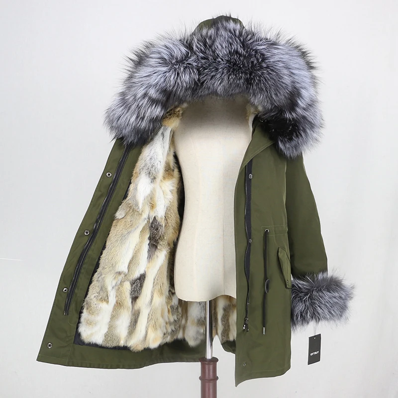 OFTBUY, зимняя куртка для женщин, натуральный мех, пальто, водонепроницаемая парка, натуральный Лисий мех, воротник, манжеты, мех кролика, подкладка, верхняя одежда, съемная, Новинка - Цвет: green silver