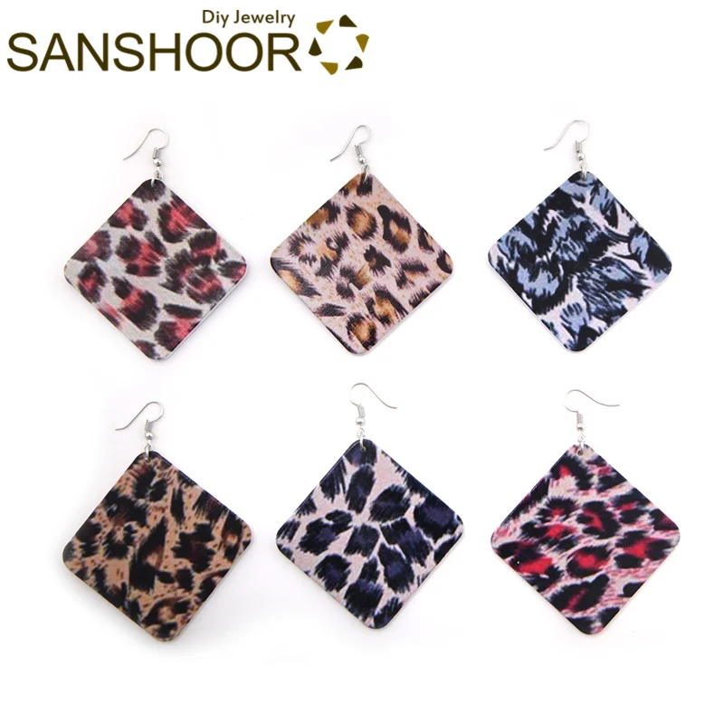 SANSHOOR Afro Square Wooden Drop Earrings With African Animal Skin Pattern Tribe Ethnic Jewelry As Women Christmas Gift 6Pairs | Украшения
