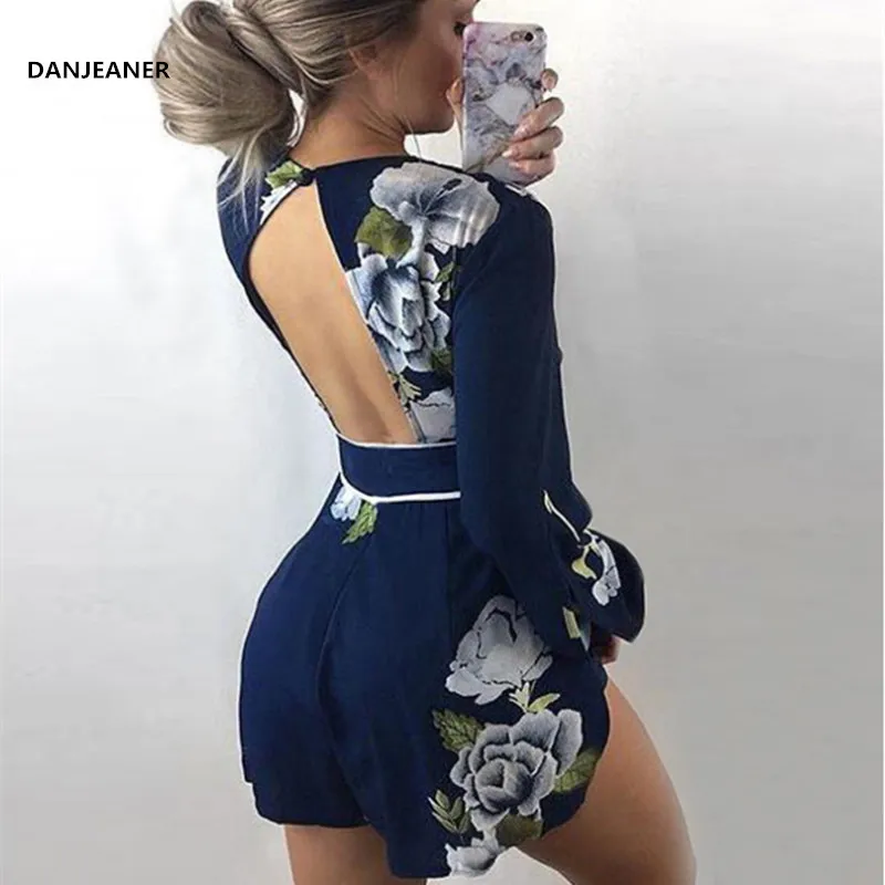 

DANJEANER Summer Deep V Neck Floral Print Long Sleeve Rompers Womens Jumpsuit Backless Sexy Boho Bodysuit Casual Beach Playsuit