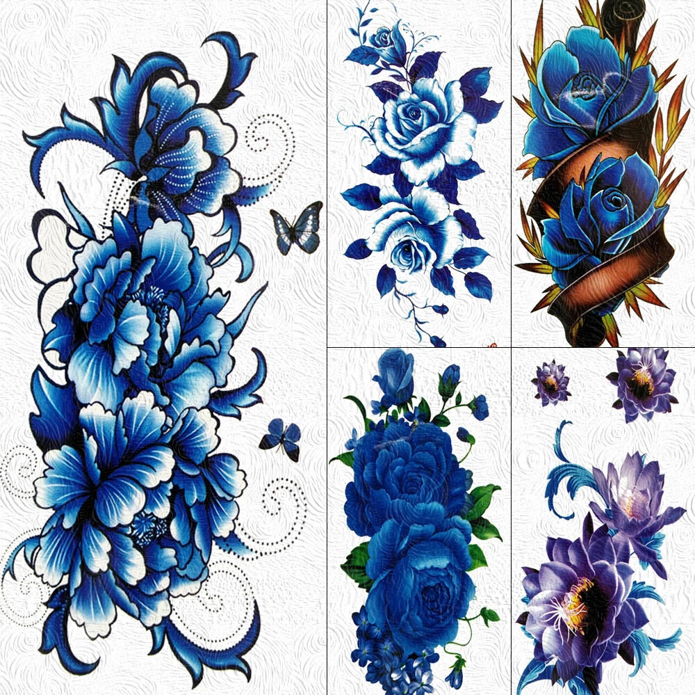 Fake Large Waterproof Blue Flower Rose Peony Temporary Tattoos For Women  Girls Sticker Body Art Arm Tattoo Paper 3d Flora Tatoos - Temporary Tattoos  - AliExpress