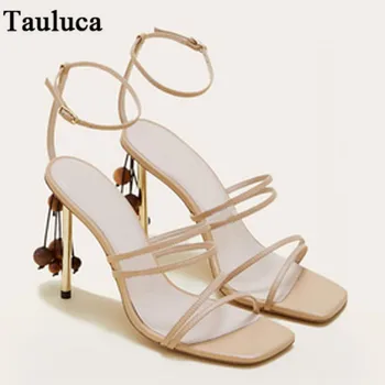 

2019 New Arrivals Women’s Genuine Leather Sandals Gold High Heels Open Toe Sandals With Beading Buckle Ankle Strap Square Shoes