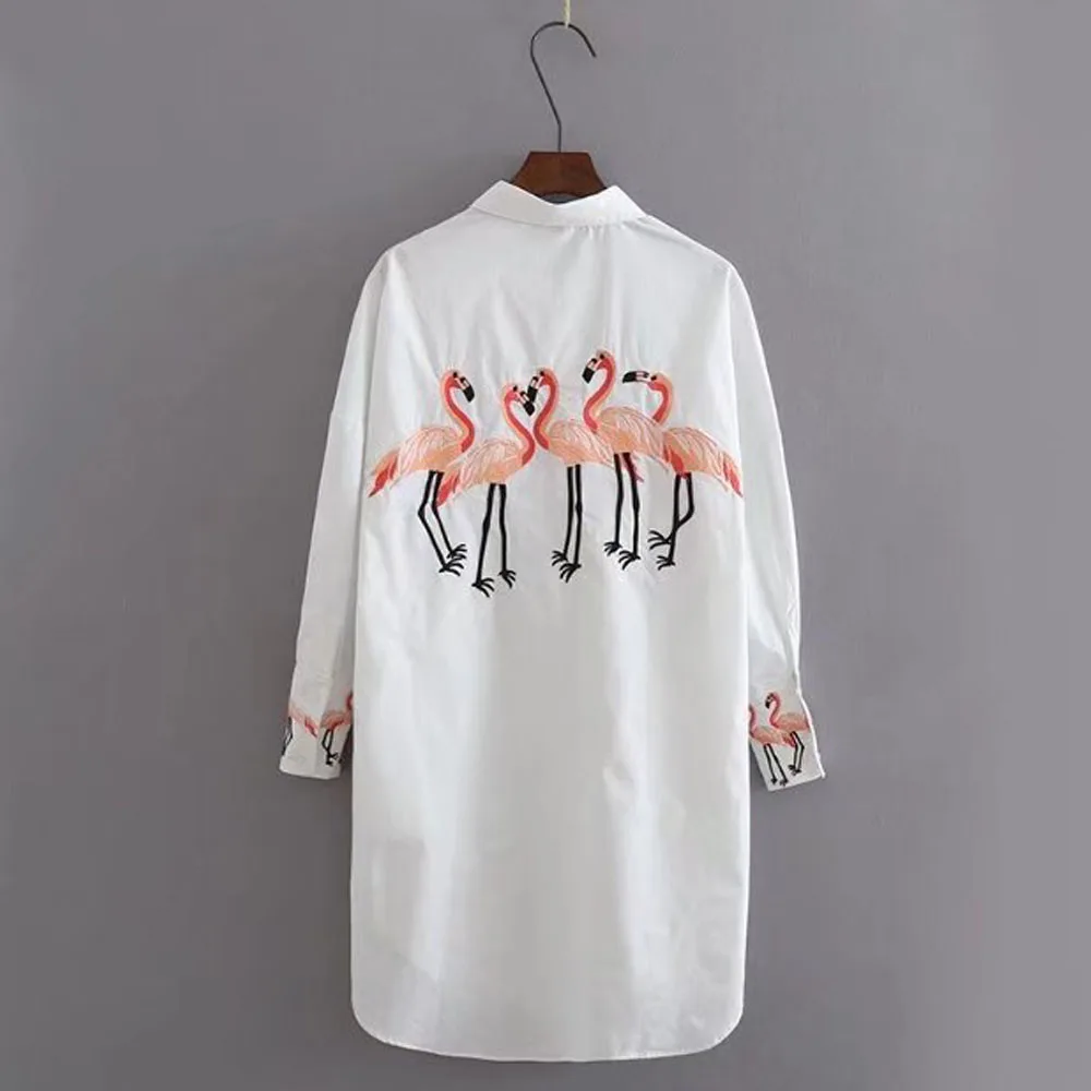 

ANSFX Flamingo Bird Pattern Embroidery Shirt Woman Turn-down Collar Long Sleeve Mid Long White Blouse Tops blusas chemise femme