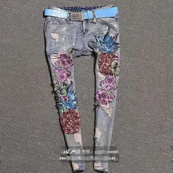 2019 демисезонный Мода тяжелой промышленности блёстки ананас узкие вышитые джинсы для женщин женские ботильоны длина