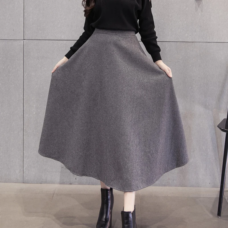 Осень-зима, женские теплые шерстяные юбки, женская элегантная Корейская версия, юбка с высокой талией для девушек, Длинные шерстяные юбки для женщин