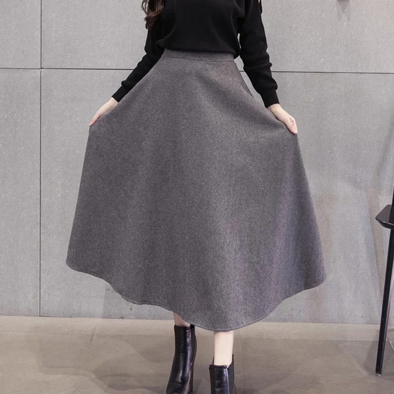 La Mujer Oto/ño Invierno Lana Elegante Cintura Alta Falda Acampanada con Cinturon De Swing Midi