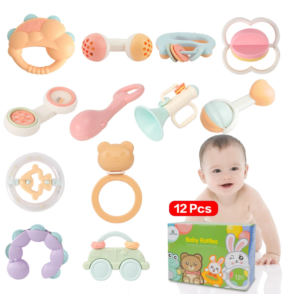 

12PCS Cartoon Cute Plastic Baby Hand Ringing Bell Multi-color Baby Toys 0-12 Months Baby Toys for Christmas brithday lovely gift