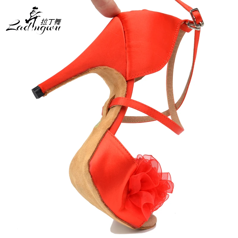 Ladingwu New Ballroom Party Dance Shoes Women Satin Red Soft Bottom Latin Dance Shoes Woman Salsa  Heel 6/7.5/8.5/10cm