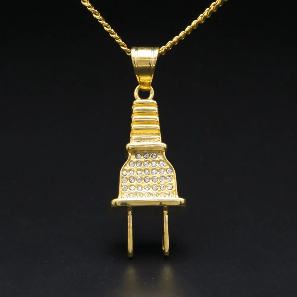 Women Steel Full Rhinestone Electrical Plug Pendants Necklaces Golden