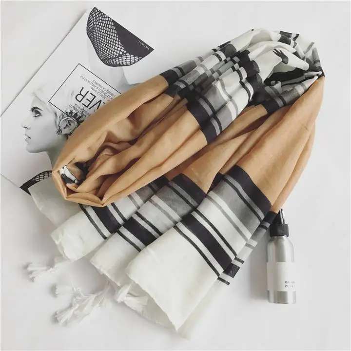 Горячая Распродажа полосатый хиджаб мягкий хлопковый шарф из вискозного шелка зимние шарфы с кисточками для женщин длинные шали обертывания