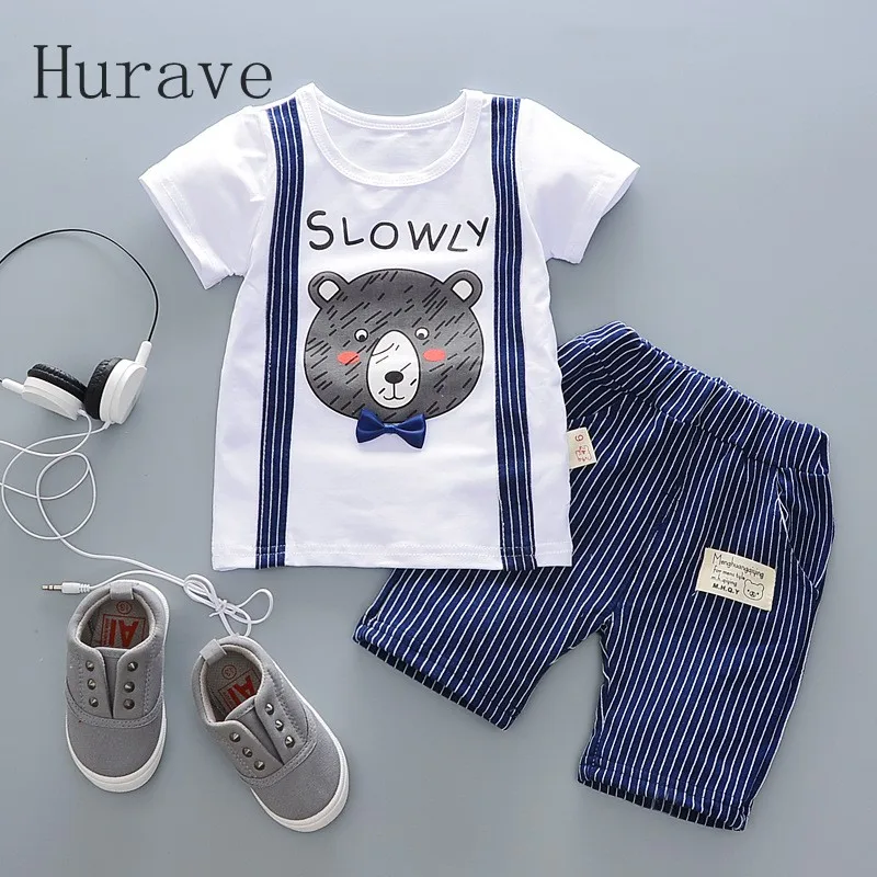 

Hurave 2017 New Casual Boys Animal Print Cotton Set Children T-shirt+Stripe Pants Baby clothing Set Kids Clothing Sets