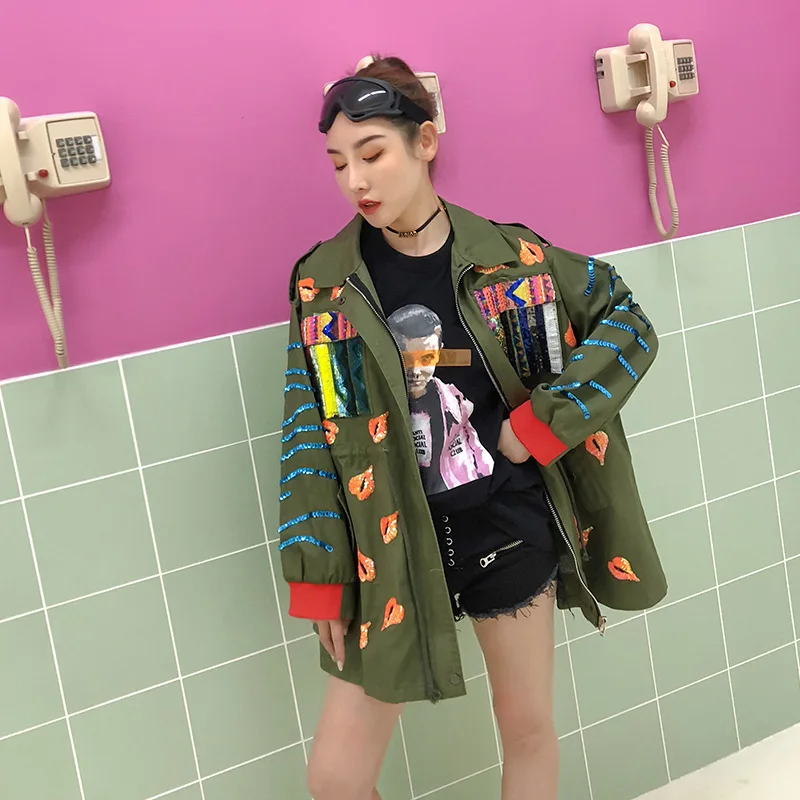 

Sequin Red lip Outwear 2018 women spring punk military coat vintage army eyes print unique mouth Clothing Outwear LT143