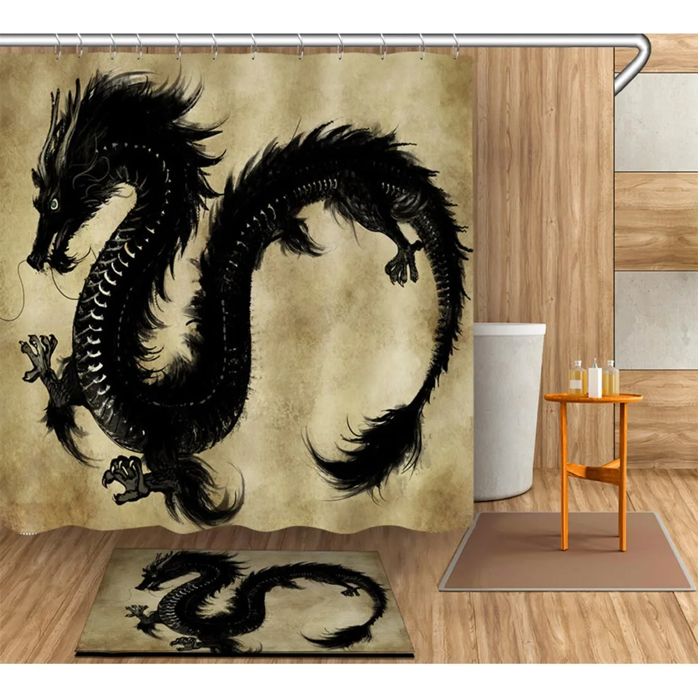 

Retro Black Dragon Shower Curtain with Mat Set Waterproof Bathroom Mildew Resistant Polyester Fabric For Artistic Bathtub Decor