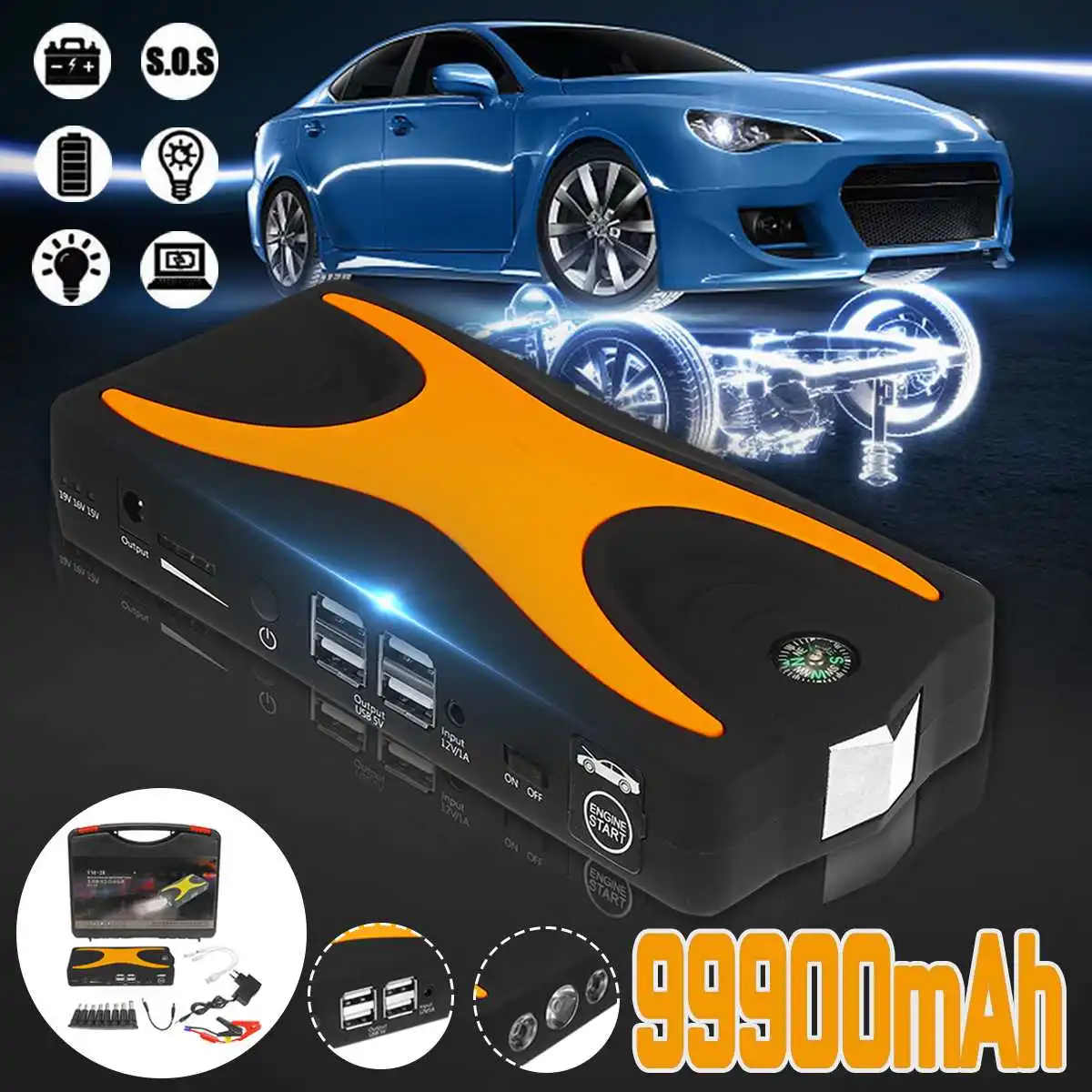 Автомобильное пусковое устройство 99900mAh 15V 4USB 900A, портативное автомобильное зарядное устройство, зарядное устройство, аварийное зарядное устройство, пусковое устройство