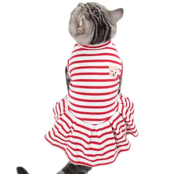 

Cats Dogs Dresses Red and White Stripes Soft Cotton Fabric Dress with Cute Bear Badge Pet Clothes Outfit Dresses vetement chat