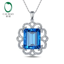 28.45CT Flawless Blue Topaz 18k White Gold Diamond Engagement Pendant Fine Jewelry