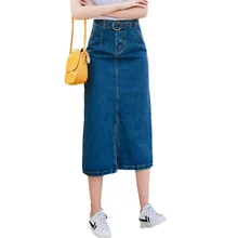 Весенняя джинсовая юбка Осенняя женская новая юбка с высокой талией большого размера средней длины однотонная тонкая модная женская юбка DITING0190