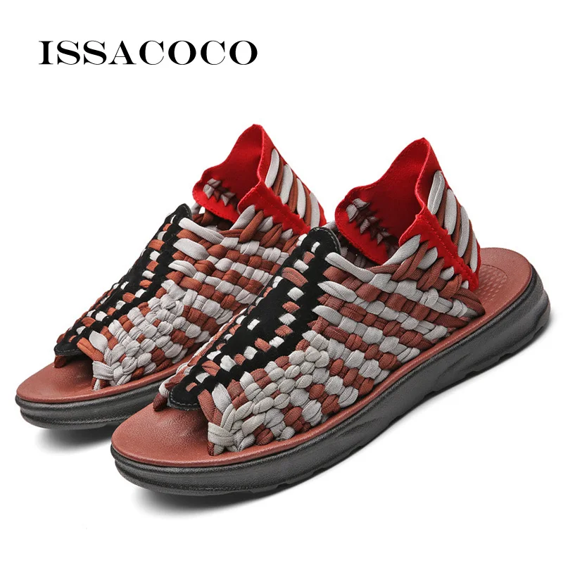 ISSACOCO/мужские летние тапочки; мужская обувь на плоской подошве из искусственного плетения; Уличная Повседневная обувь; высококачественные Нескользящие сандалии для взрослых; пляжные - Цвет: Brown