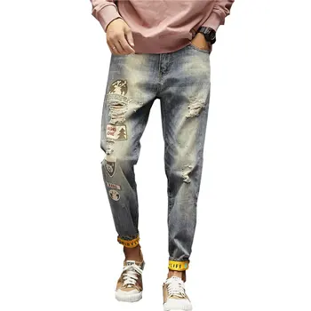

Fashion Vintage Mens Ripped Jeans Pants Slim Fit Distressed Hip Hop Denim Pants 2018 New Spring Men Jeans Pants