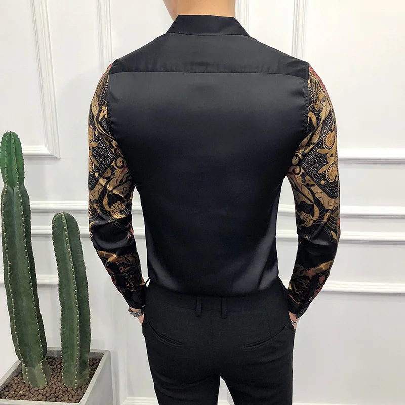 Black Gold Print Shirt 2017 New Baroque Slim Fit Party Club Shirt Men Camisa Homem Male Long Sleeve Shirt Oversize 4XL Hip Hop
