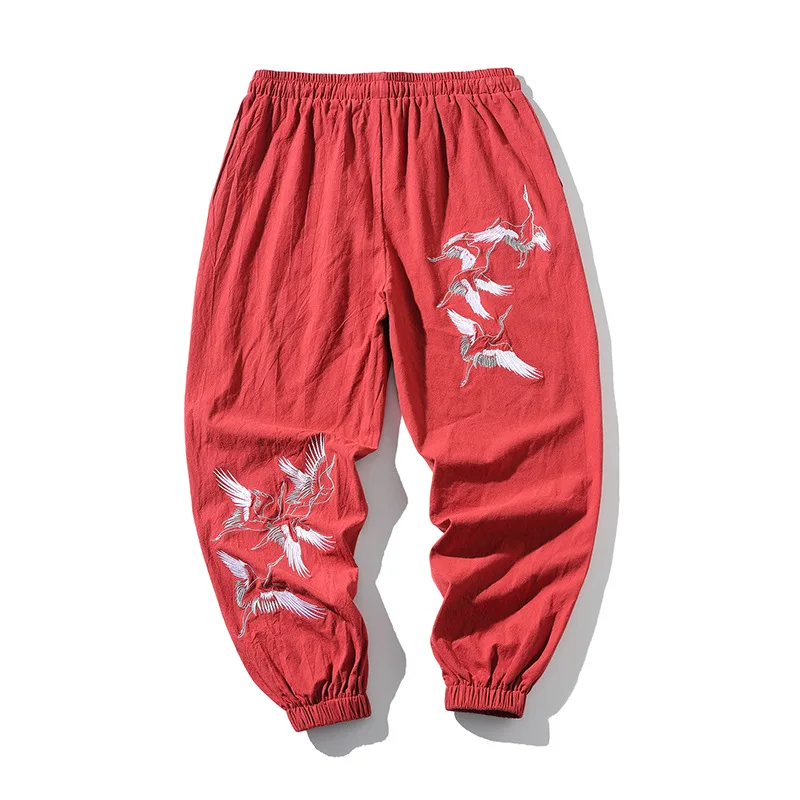 Plus Size Oversized Elastic Waist Pocket Embroidery Casual Cotton Linen Jogger Track Pant Slim Harem Japanese Hip Hop Streetwear