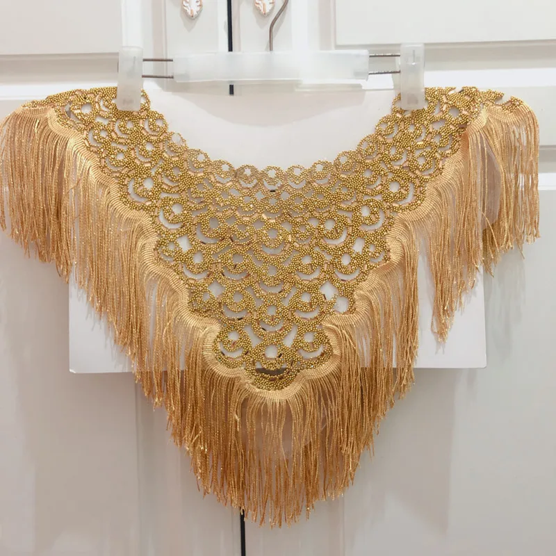 

hot sale new GOLD circle wedding embroidered beaded collar with tassels appliques neckline with fringe