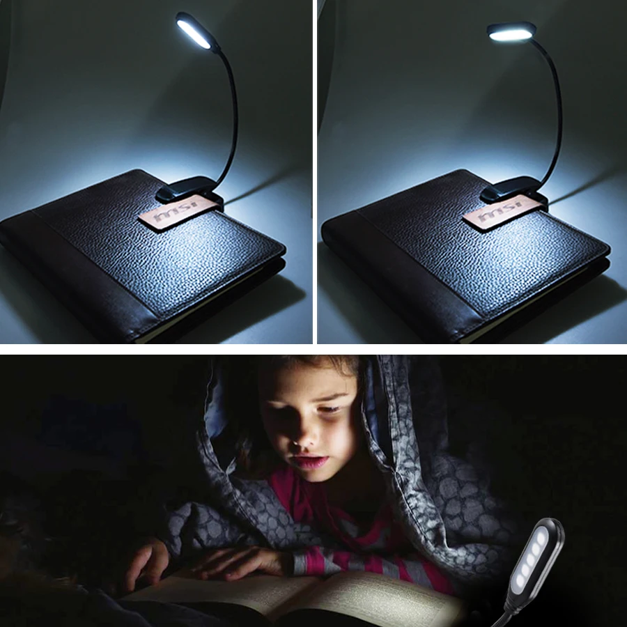 Lampada da libro a LED regolabile con Clip di cigno 5 LED AAA lampada da tavolo flessibile da lettura notturna alimentata a batteria Notebook bianco freddo