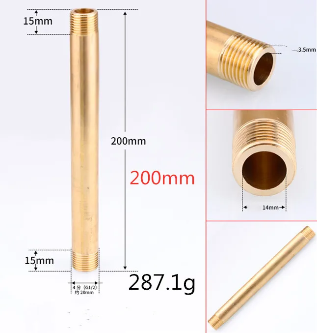Полностью медный внешний провод прямой G1/2 BSP удлинительная труба медная труба внешний зуб удлинительная Резьбовая медная Соединительная арматура - Цвет: 200mm