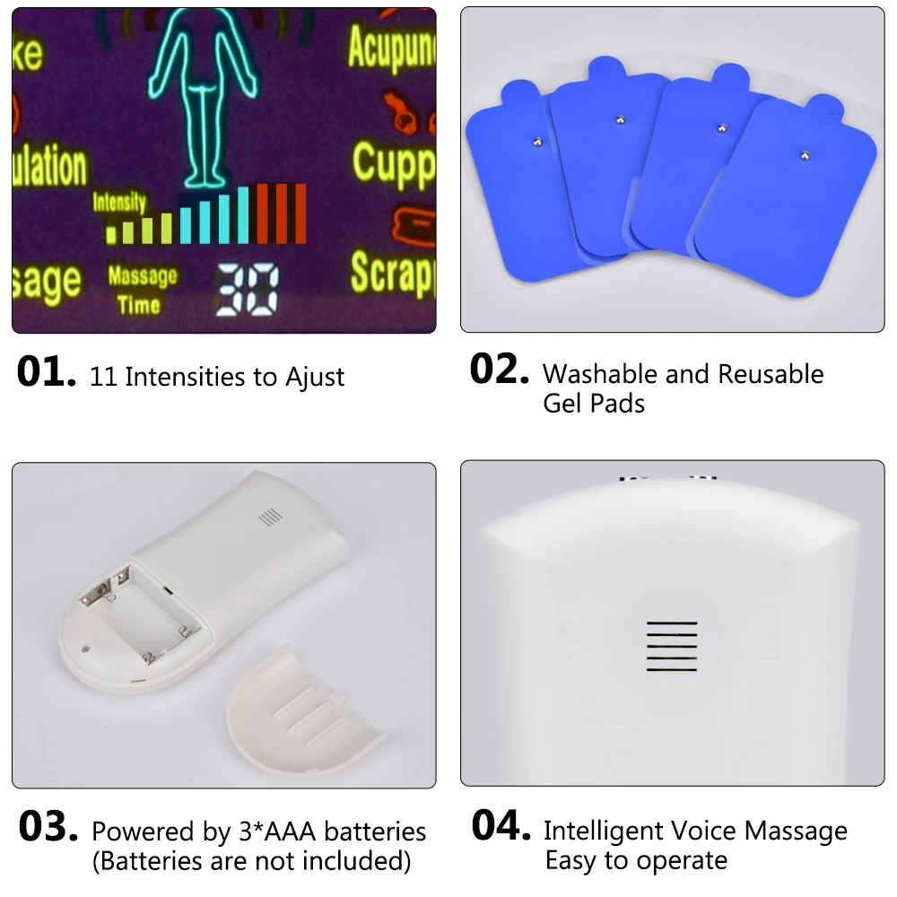 Интеллектуальный голосовой массаж, 6 режимов, портативный Электрический массажный аппарат, 4 электрода, подушечки, облегчение боли, импульсный EMS, стимулятор мышц, 5