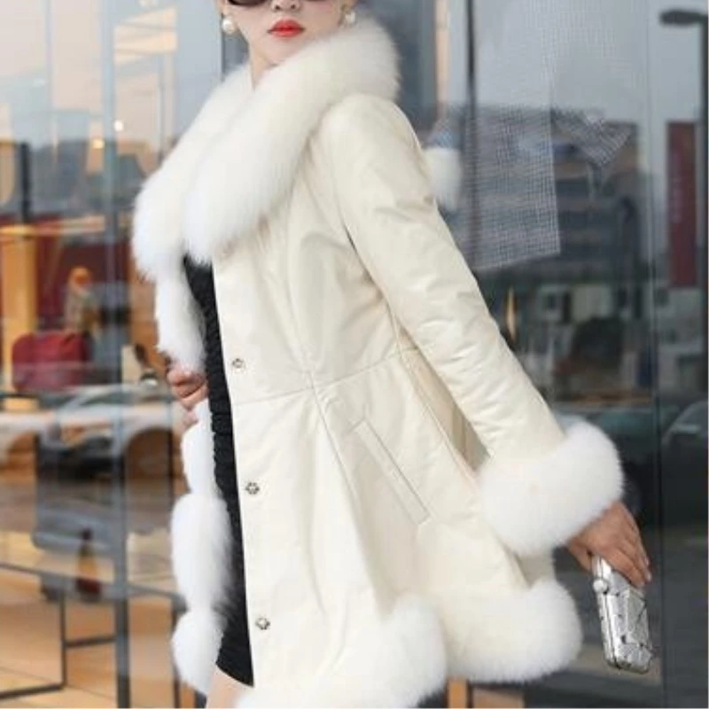 Latest Winter Female Sheepskin Coats High Quality Faux Fur Pure Color Fox Collars Snap Fastener Furs Big Yards Slim PC001