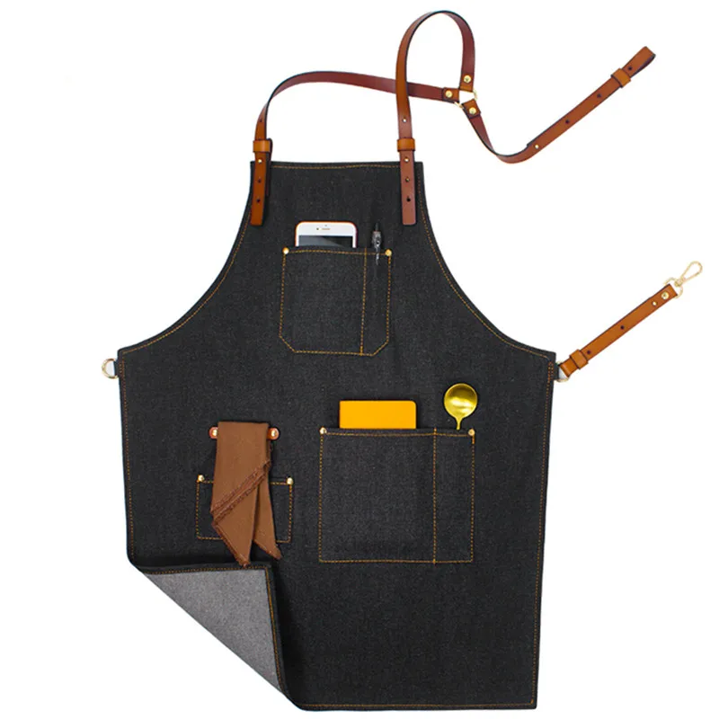 Black Gray Denim Apron Leather Straps D82A-10