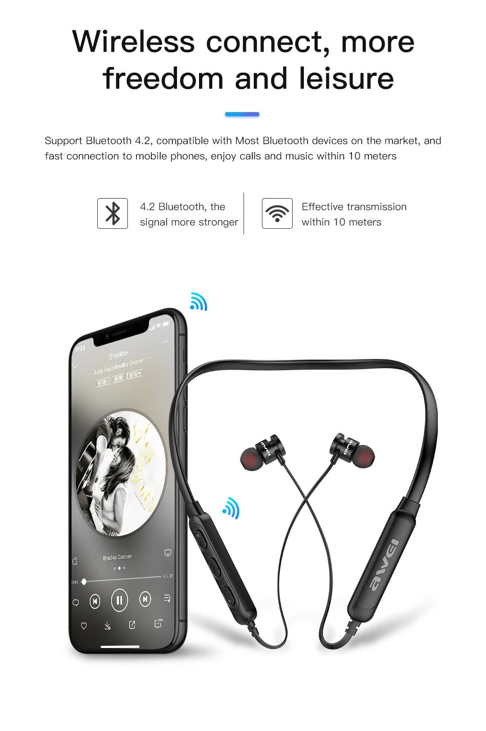 AWEI T11S Bluetooth наушники Беспроводная гарнитура с микрофоном шейным 3D бас стерео спортивные наушники для телефона fone de ouvido