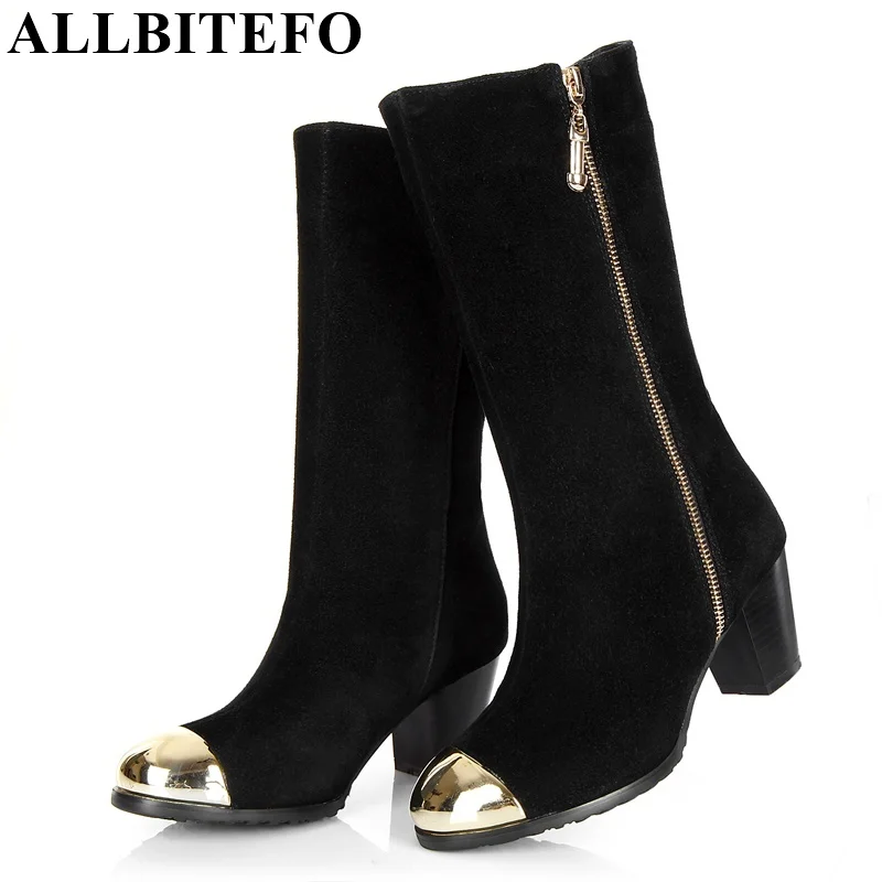 

ALLBITEFO Size:33-43 Metal round toe thick heel genuine leather fashion brand ankle boots zip winter snow boots women boots