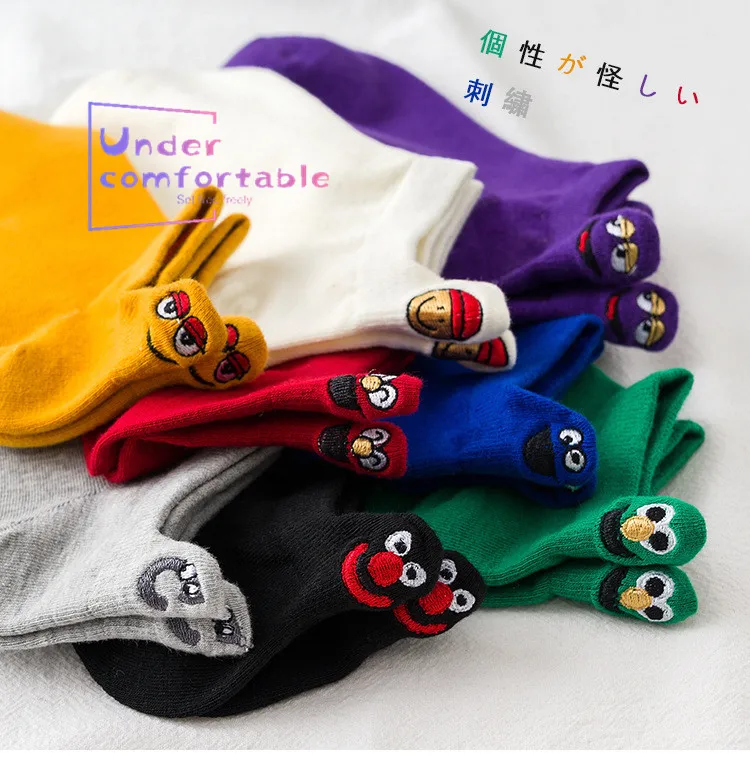 

2019 Summer Embroidery Unisex Women Cotton Ankle Sock Ins Style With Funny Face Comfortable Intimates Fashion Personality Sock