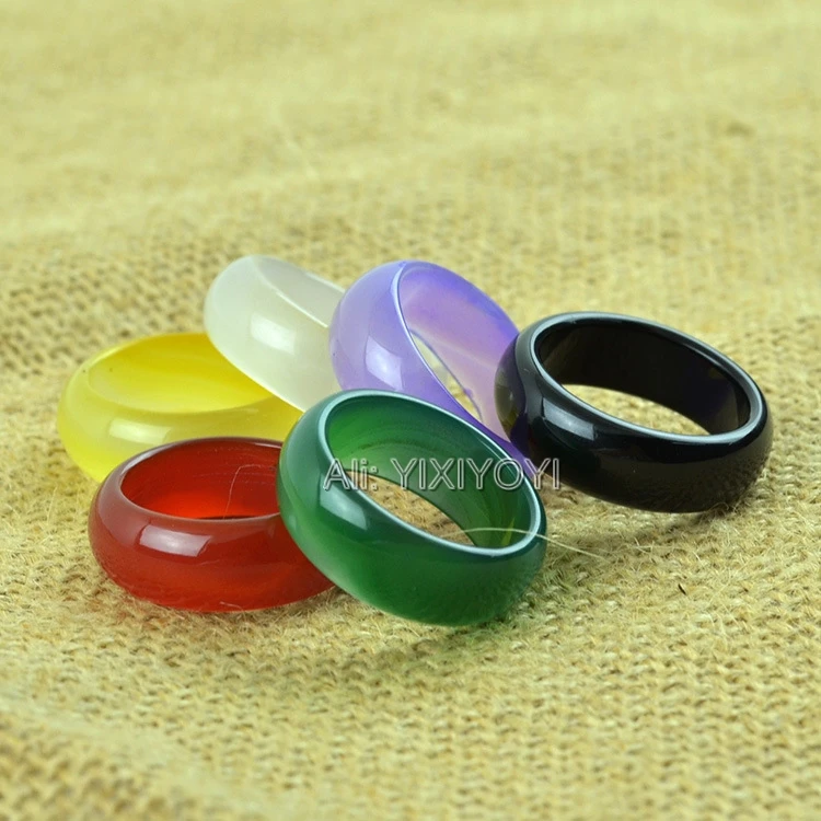 

Wholesales 6pc Lots 12mm Wide Natural Red Green Yellow White Agate Jade Ring Woman Man's Lucky Rings 7-9# Charm Jewelry Gift