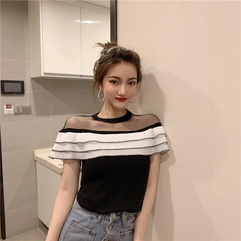 

summer new Korean style Women Clothing fashion brand knitted Sweaters o-neck ruffles hollow out mesh perspective patchwork tops