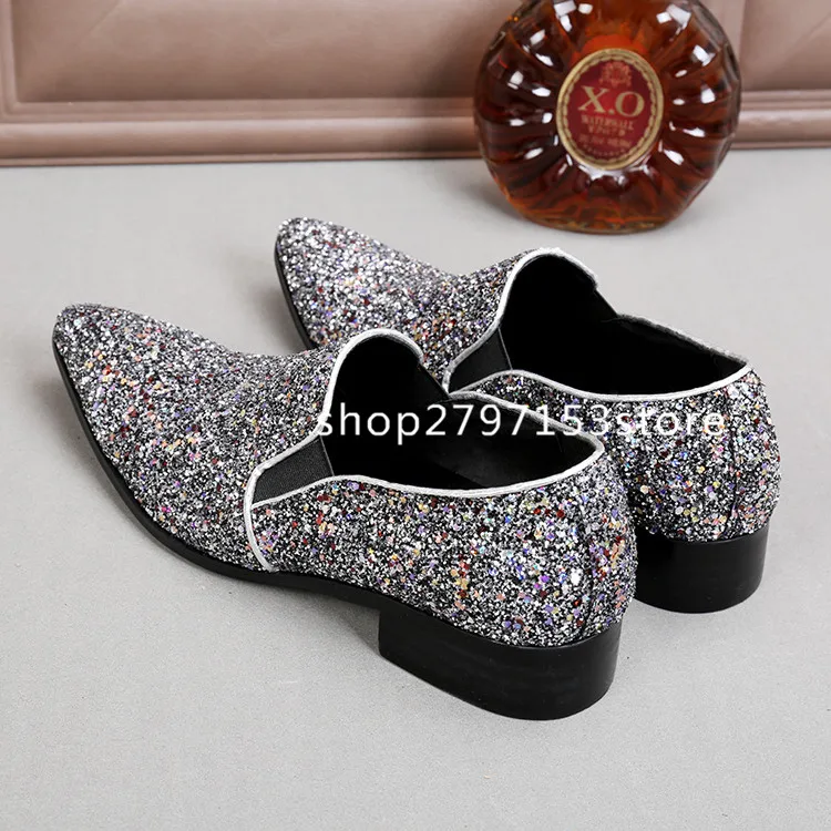 

New Fashion Colorful Sequins Sliver Mens Leather Shoes Plus Size Lazy Flats Top Quality Point Toe Men Casual Shoe Zapatos Hombre
