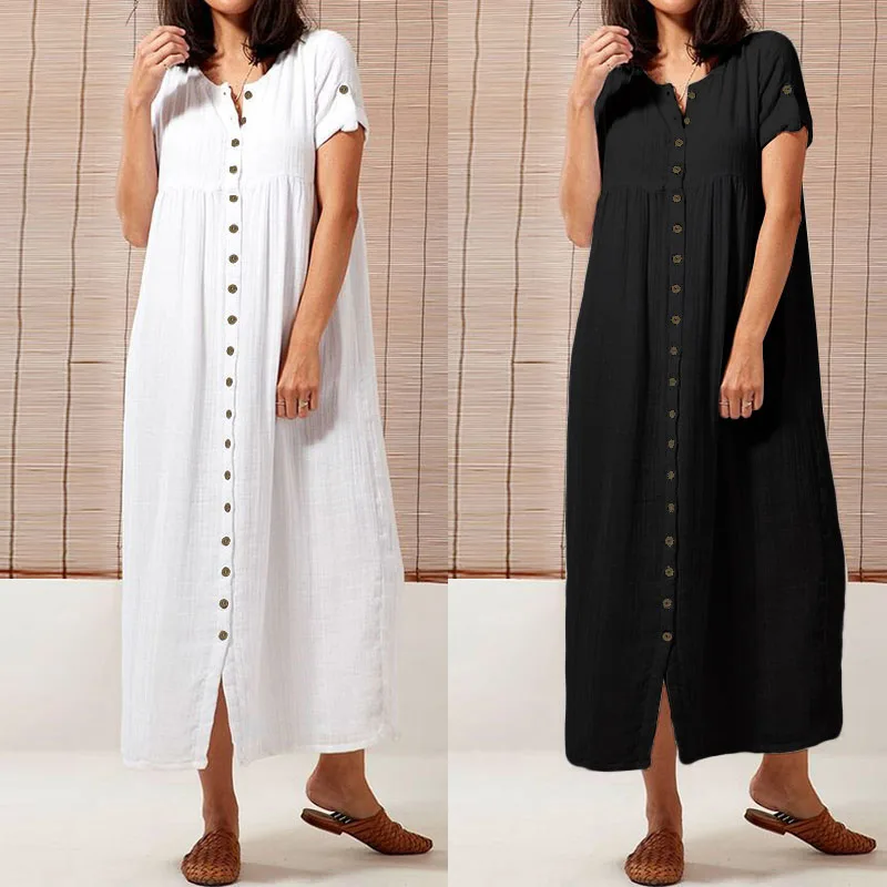 

Celmia Women Maxi Long Dress Plus Size Summer Dresses 2019 Short Sleeve Casual Loose Buttons Vintage Solid Party Vestidos Robe
