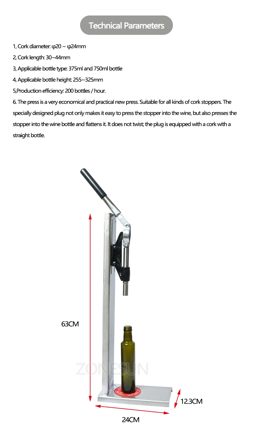 ZONESUN ручные пробки из нержавеющей стали, машина для забора вина, инструмент для укупорки, сваренное вино, бутылка, пробка, пресс, вставляющая машина