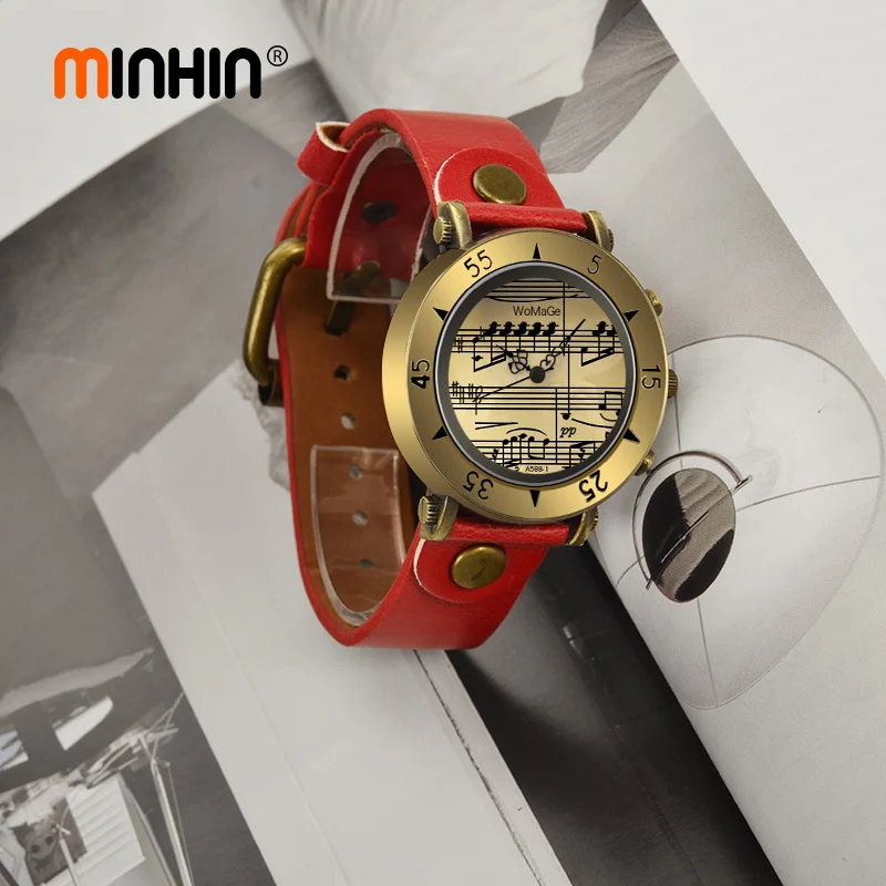 MINHIN, дизайн, кожаные Наручные часы для женщин и мужчин, винтажные, с бронзовым циферблатом, с музыкальной нотой, кварцевые, аналоговые, повседневные часы, подарок