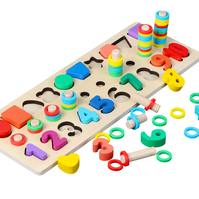 Математика Монтессори игрушки 3 в 1 цифровой формы сопряжения радужные кольца Дошкольная счетная доска Обучающие деревянные игрушки для детей