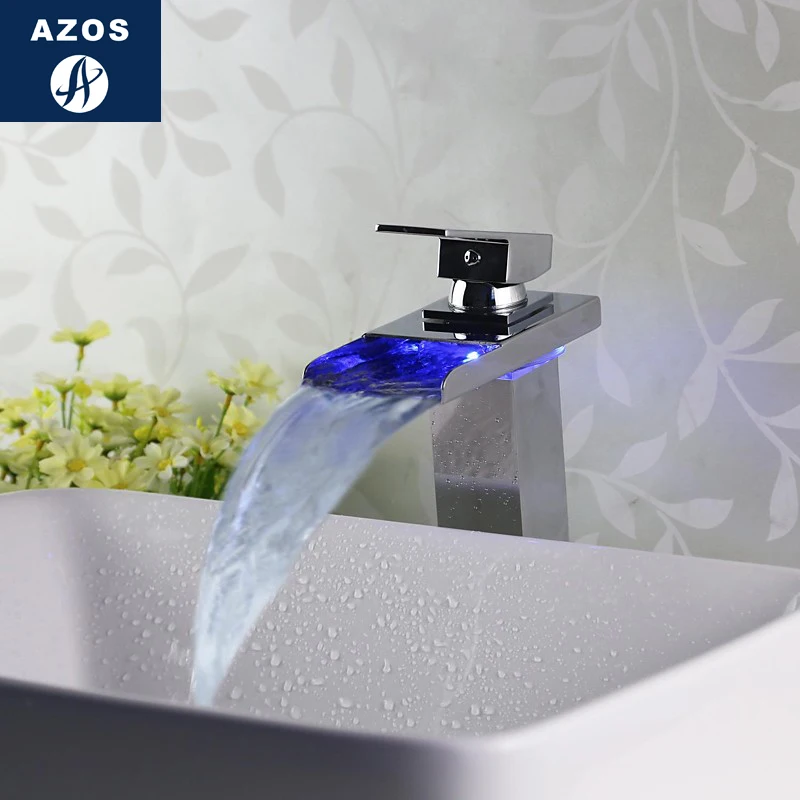 Azos Waterfall Led Faucet Discoloration Wash Basin Brass Chrome