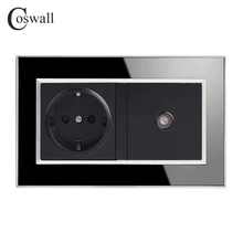 COSWALL 16A Россия Испания стандарт ЕС розетка заземленная с женский ТВ Джек черная акриловая панель настенная розетка