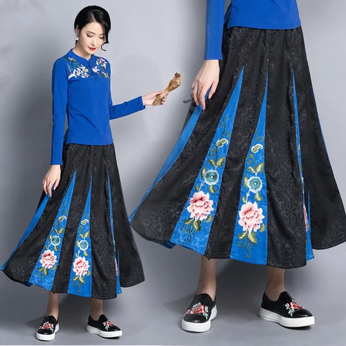 Ethnic Style Embroidery Pleated Skirt Vintage Patchwork Elastic Waist Midi Skirt Artistic