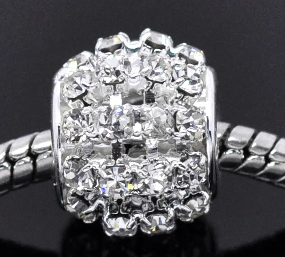

European Charm Copper Rhinestone Beads Round Silver Plated White Rhinestone About 12mmx11mm,Hole: Approx 4.7mm,1 Pc new